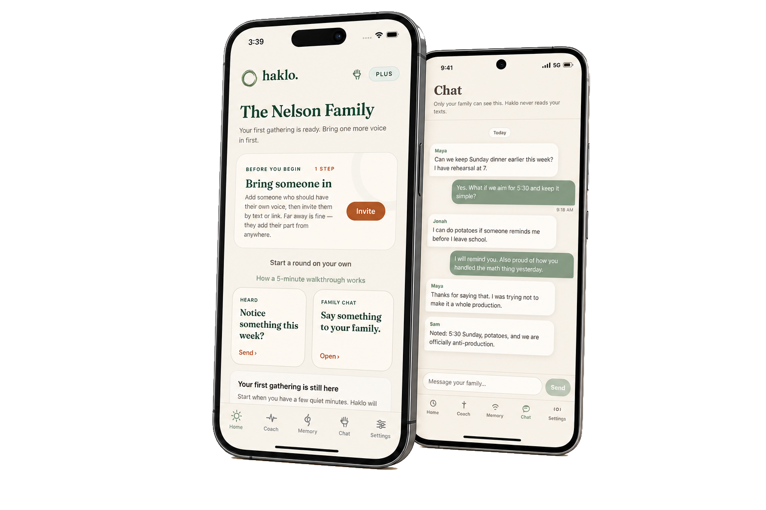 Haklo running on two phones, showing the real Home and private Family Chat screens