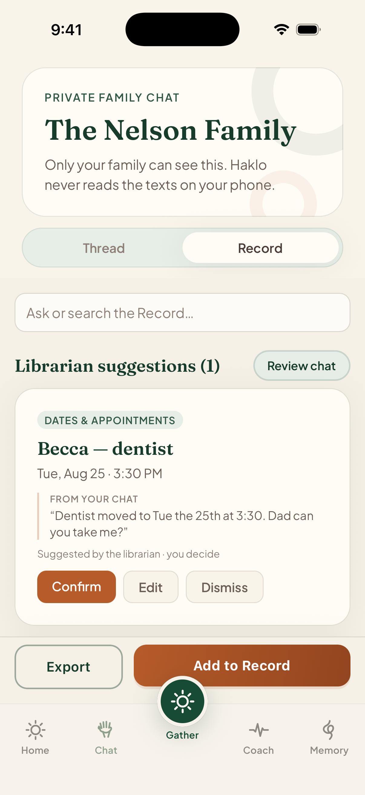 Haklo Chat Record screen showing a Librarian suggestion awaiting the family’s review