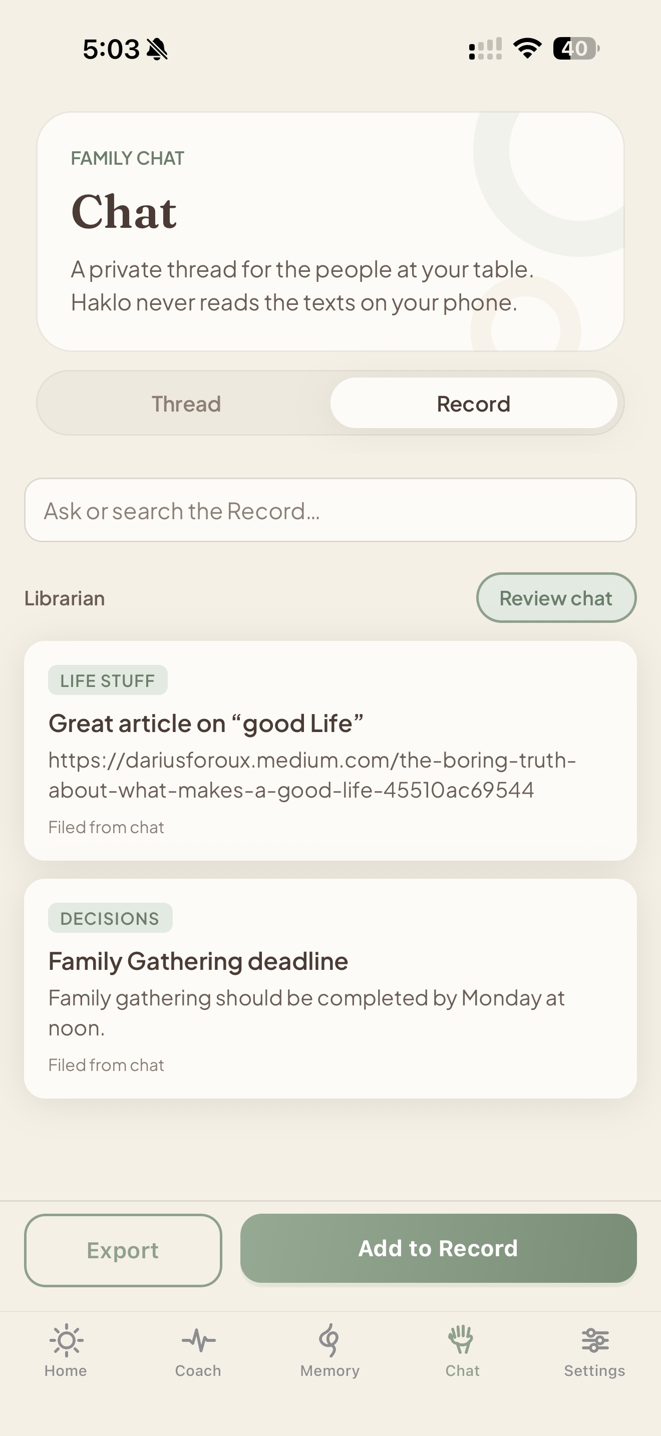 Haklo Chat Record screen showing filed family chat items
