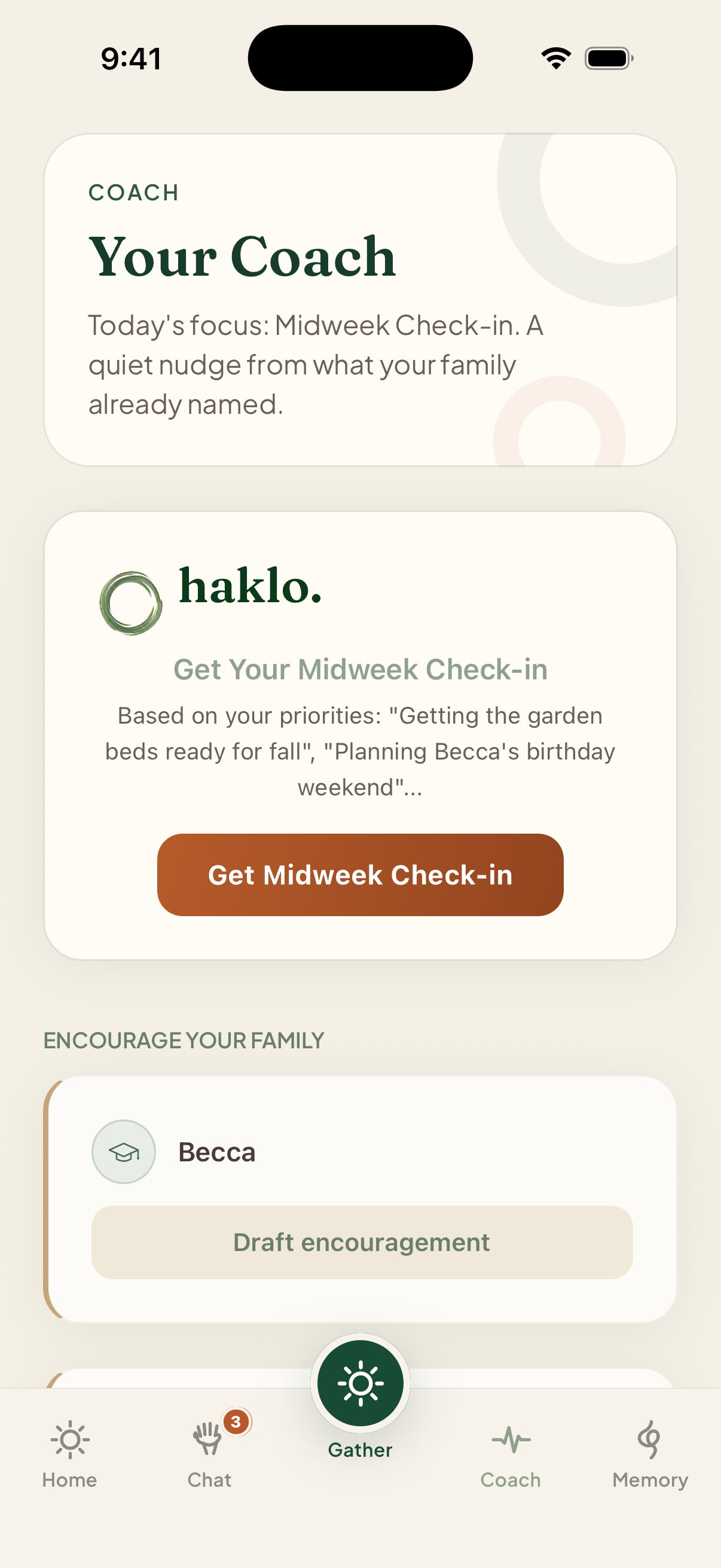 Haklo Coach screen showing the midweek check-in built from the family’s named priorities