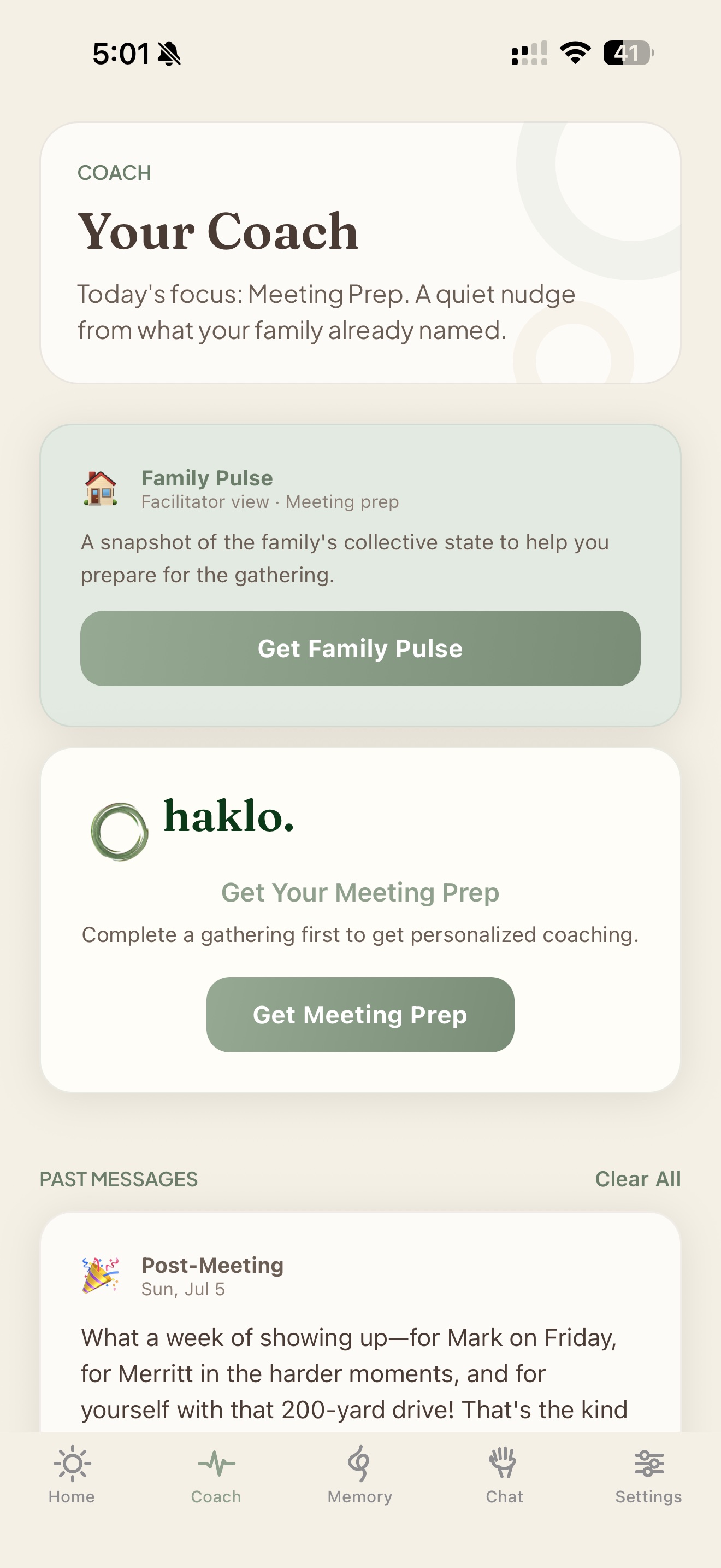Haklo Coach screen showing Family Pulse and meeting prep cards