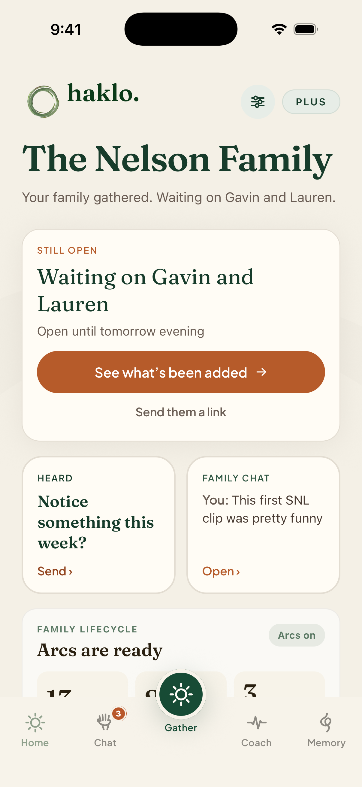 Haklo home screen showing the Nelson family’s open gathering, Heard, and Family Chat cards
