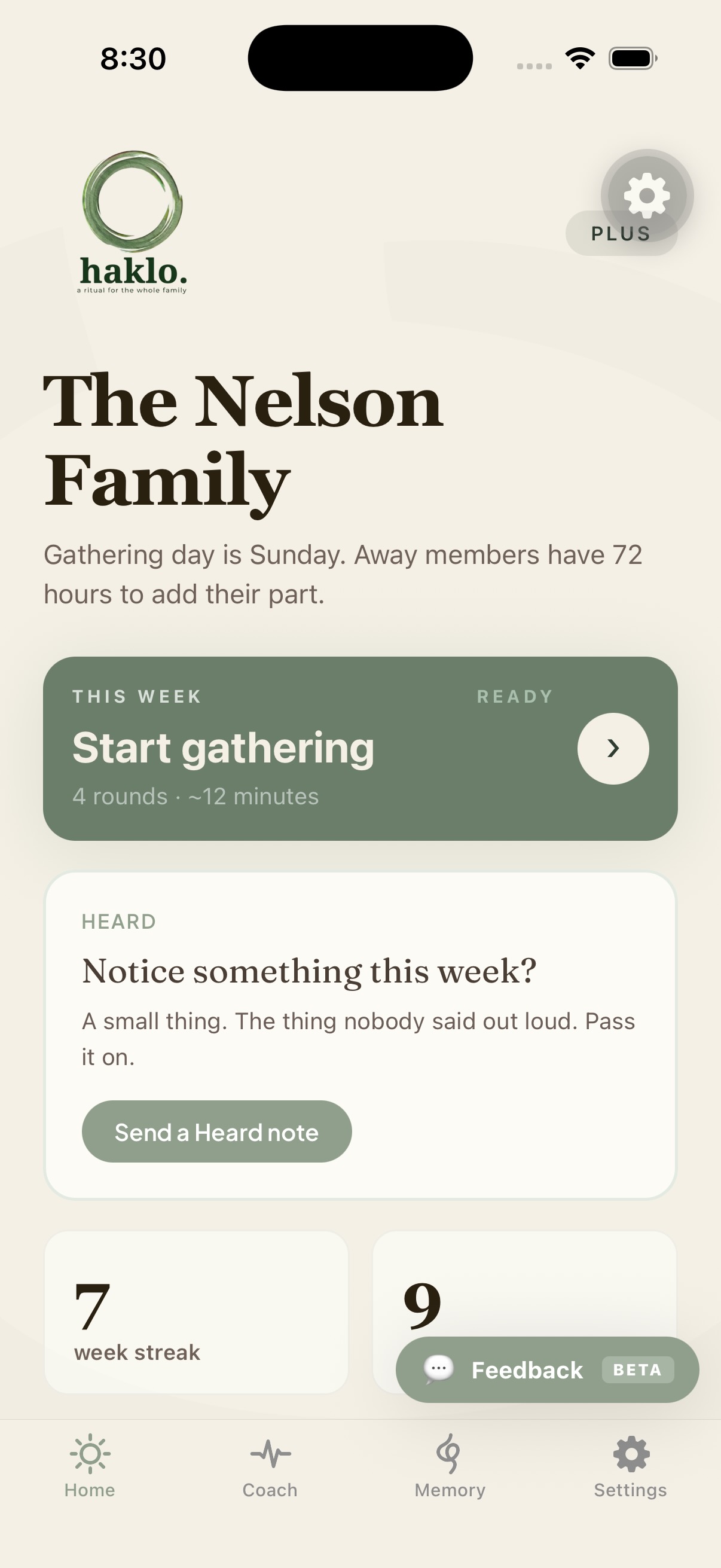 Haklo home screen for the Nelson family — Start gathering, a Heard prompt, and a 7-week streak