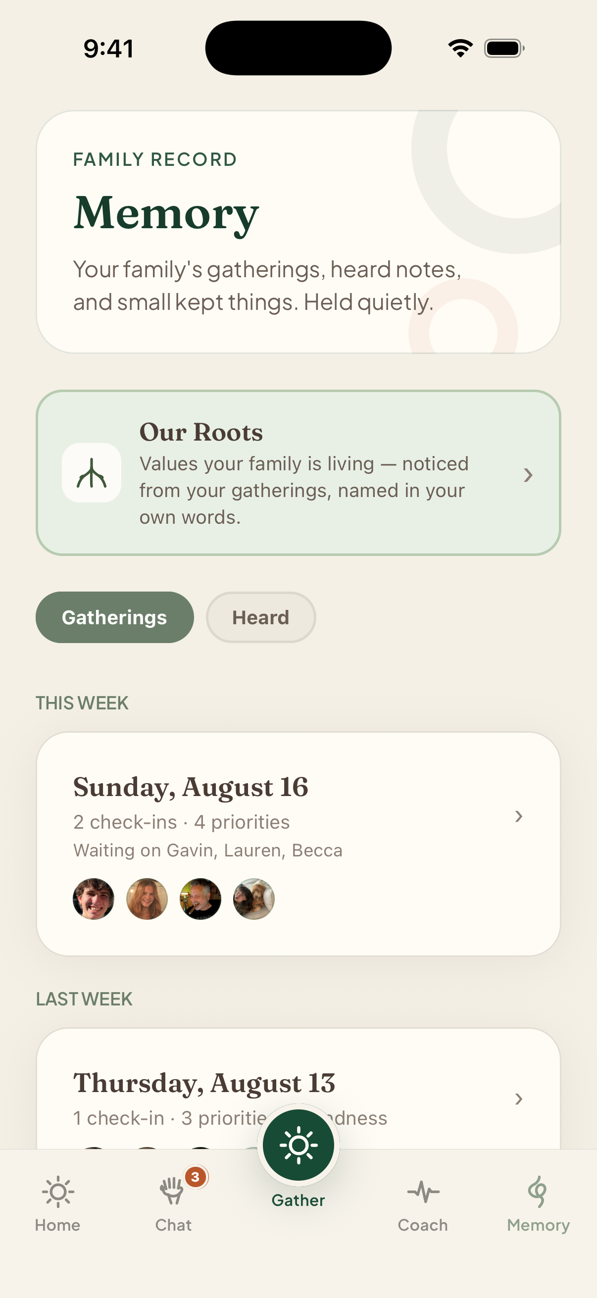 Haklo Memory screen showing the Our Roots banner and gatherings sorted by week