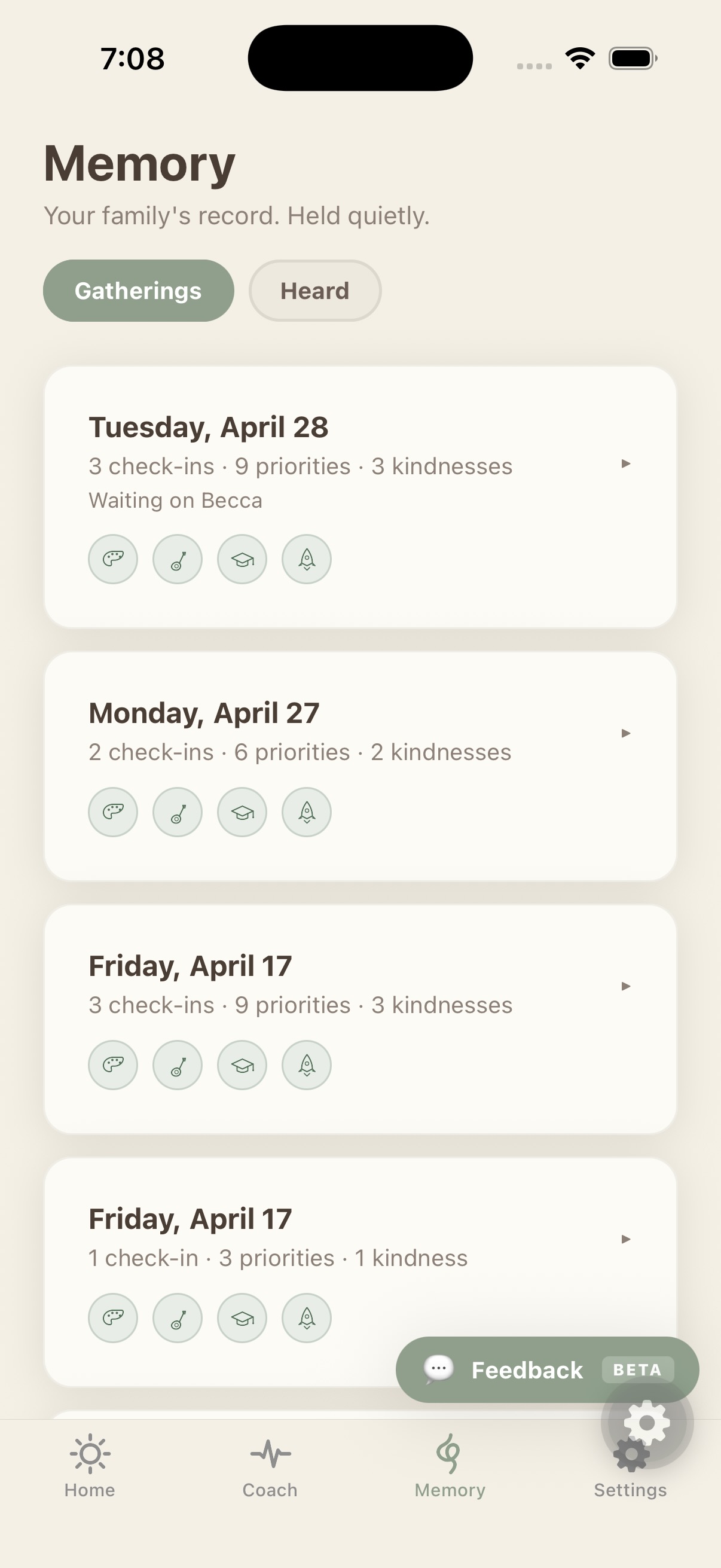 Haklo memory screen — Gatherings list with dated entries, check-ins, priorities, and kindnesses