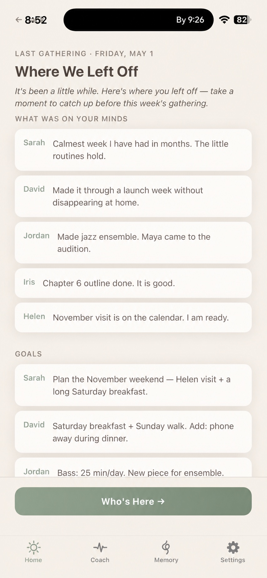 Haklo “Where we left off” screen — last gathering’s minds and goals for each family member