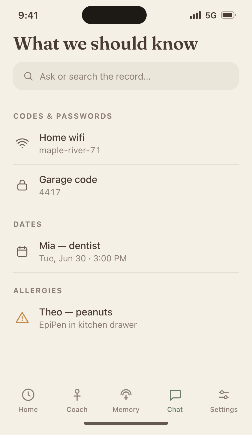The record screen — what we should know, grouped into codes, dates, and allergies