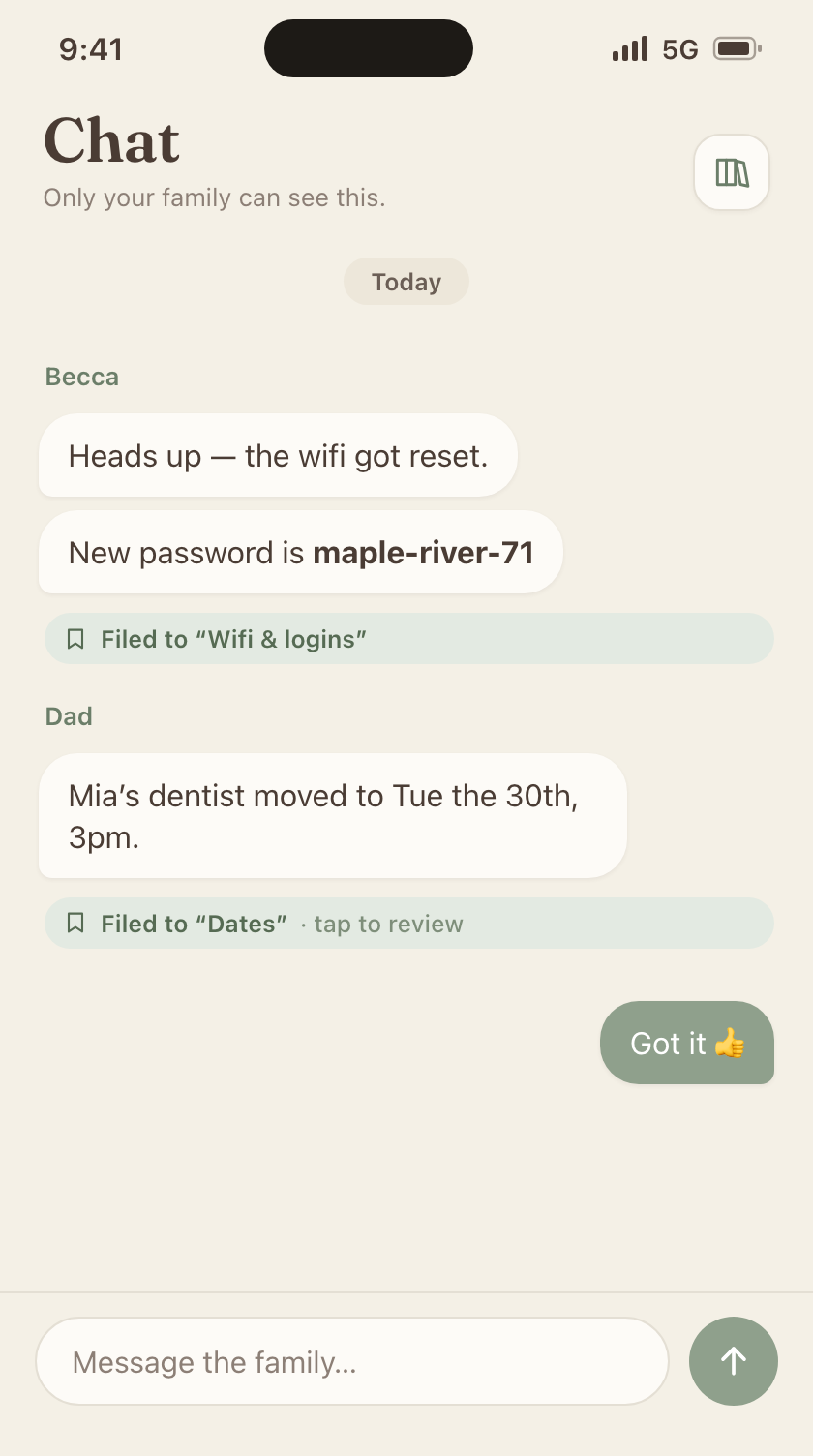 The Haklo family chat, with the librarian quietly filing the wifi password and a dentist appointment off to the side
