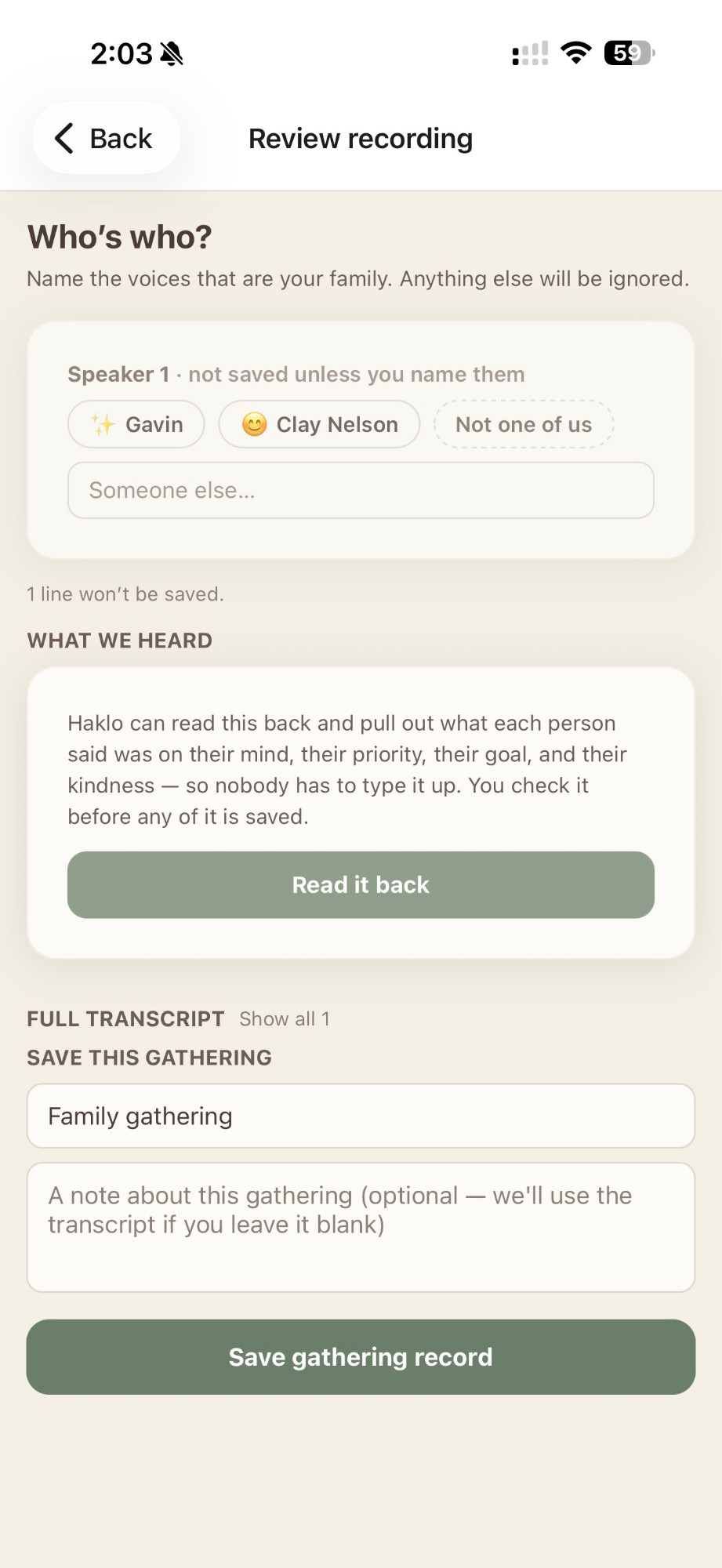 The review screen — name the voices Haklo heard, read back what each person said, and save the gathering record.